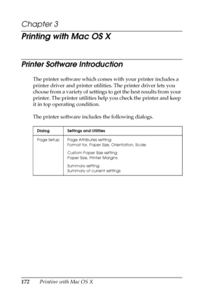 Page 172172Printing with Mac OS X
Chapter 3
Printing with Mac OS X
Printer Software Introduction
The printer software which comes with your printer includes a 
printer driver and printer utilities. The printer driver lets you 
choose from a variety of settings to get the best results from your 
printer. The printer utilities help you check the printer and keep 
it in top operating condition.
The printer software includes the following dialogs.
Dialog Settings and Utilities
Page Setup Page Attributes setting:...