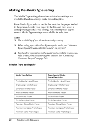 Page 2020Printing with Windows
Making the Media Type setting
The Media Type setting determines what other settings are 
available; therefore, always make this setting first.
From Media Type, select a media that matches the paper loaded 
in the printer. Locate your paper in the list, and then select a 
corresponding Media Type setting. For some types of paper, 
several Media Type settings are available for selection.
Note:
❏The availability of special media varies by country.
❏When using paper other than Epson...