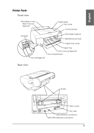 Page 33
English
Printer Parts
Front view
Rear view
Paper lever
Top cover
Control panel
Roll paper support
Maintenance tank
Paper tray cover
Paper tray
Front manual feed slot
ink compartment Ink lever
Ink cartridge slot Roll paper cover
Rear manual 
feed slot
Rear cover
Knobs
AC inlet
USB interface connector
IEEE1394 interface connector
 