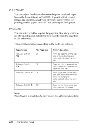 Page 228228The Control Panel
PLATEN GAP
You can adjust the distance between the print head and paper. 
Normally, leave this set to STANDARD. If you find that printed 
images are smeared, select WIDE or WIDER. Select NARROW for 
printing on thin paper, or WIDEST for printing on thick paper.
PAGE LINE
You can select whether to print the page line (line along which to 
cut off) on roll paper. Select ON if you want to print the page line, 
or OFF otherwise.
This operation changes according to the Auto Cut settings....