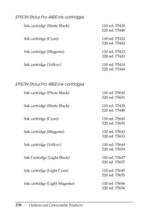 Page 370370Options and Consumable Products
EPSON Stylus Pro 4400 ink cartridges
EPSON Stylus Pro 4800 ink cartridges
Ink cartridge (Matte Black) 110 ml: T5438
220 ml: T5448
Ink cartridge (Cyan) 110 ml: T5432
220 ml: T5442
Ink cartridge (Magenta) 110 ml: T5433
220 ml: T5443
Ink cartridge (Yellow) 110 ml: T5434
220 ml: T5444
Ink cartridge (Photo Black) 110 ml: T5641
220 ml: T5651
Ink cartridge (Matte Black) 110 ml: T5438
220 ml: T5448
Ink cartridge (Cyan) 110 ml: T5642
220 ml: T5652
Ink cartridge (Magenta) 110 ml:...