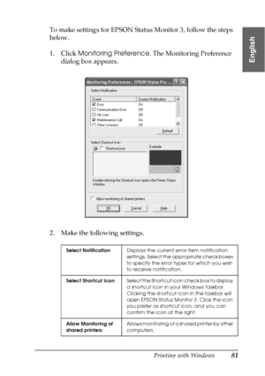 Page 81Printing with Windows81
1
1
1
1
1
1
1
1
1
1
1
1
English
To make settings for EPSON Status Monitor 3, follow the steps 
below.
1. Click Monitoring Preference. The Monitoring Preference 
dialog box appears.
2. Make the following settings.
Select NotificationDisplays the current error item notification 
settings. Select the appropriate check boxes 
to specify the error types for which you wish 
to receive notification.
Select Shortcut IconSelect the Shortcut Icon check box to display 
a shortcut icon in...