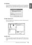 Page 301Maintenance and Transportation301
7
7
7
7
7
7
7
7
7
7
7
7
English
For Windows
Click the Main tab and make sure that the correct ink cartridge is 
displayed. If not, set the information manually by clicking the 
Utility tab and then the Printer and Option Information button.
For Mac OS 8.6 to 9.x 
Select Chooser from the Apple menu, and then click the printers 
icon and printer port.
For Mac OS X
Remove the printer from the Print Center (for Mac OS X 10.2.x) 
or the Printer Setup Utility (for Mac OS X...