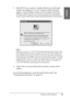 Page 75Printing with Windows75
1
1
1
1
1
1
1
1
1
1
1
1
English
3. Click Print if you want to visually check if any print head 
nozzles are clogged, if you are using non-Epson special 
media, or if the width of paper you are using is less than 
210 mm. Click Auto if you want to perform an automatic 
nozzle check, and if the nozzle check indicates it is necessary.
Note:
If you turn on AUTO CLEANING from the control panel on the printer 
even though Print has been selected, the Nozzle Check utility not 
only...