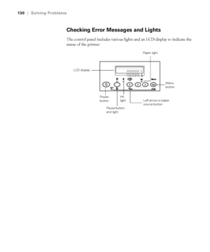 Page 1306-130
130|Solving Problems
Checking Error Messages and Lights
The control panel includes various lights and an LCD display to indicate the 
status of the printer: 
LCD display
Power 
button
Pause button 
and lightInk 
lightLeft arrow or paper 
source button Paper light
Menu 
button
sp4800Guide.book  Page 130  Tuesday, March 7, 2006  3:49 PM
 