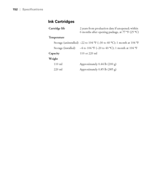 Page 152A-152
152|Specifications
Ink Cartridges
Cartridge life2 years from production date if unopened; within 
6 months after opening package, at 77 °F (25 °C)
Temperature
Storage (uninstalled) –22 to 104 °F (–30 to 40 °C); 1 month at 104 °F
Storage (installed) –4 to 104 °F (–20 to 40 °C); 1 month at 104 °F
Capacity110 or 220 ml 
Weight
110 ml Approximately 0.44 lb (200 g)
220 ml Approximately 0.85 lb (385 g)
sp4800Guide.book  Page 152  Tuesday, March 7, 2006  3:49 PM
 