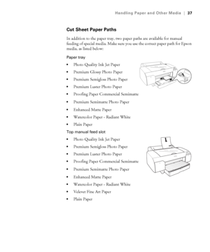 Page 372-37
Handling Paper and Other Media|37
Cut Sheet Paper Paths
In addition to the paper tray, two paper paths are available for manual 
feeding of special media. Make sure you use the correct paper path for Epson 
media, as listed below:
Paper tray

Photo Quality Ink Jet Paper
Premium Glossy Photo Paper
Premium Semigloss Photo Paper
Premium Luster Photo Paper
Proofing Paper Commercial Semimatte
Premium Semimatte Photo Paper
Enhanced Matte Paper
Watercolor Paper - Radiant White
Plain Paper
Top manual feed...