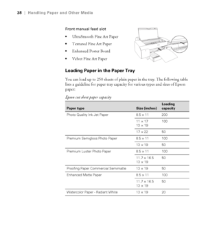 Page 382-38
38|Handling Paper and Other Media
Front manual feed slot

UltraSmooth Fine Art Paper
Textured Fine Art Paper
Enhanced Poster Board
Velvet Fine Art Paper 
Loading Paper in the Paper Tray
You can load up to 250 sheets of plain paper in the tray. The following table 
lists a guideline for paper tray capacity for various types and sizes of Epson 
paper:
Epson cut sheet paper capacity
Paper typeSize (inches)
Loading 
capacity
Photo Quality Ink Jet Paper 8.5 × 11 200
11 × 17
13 × 19100
17 × 22 50
Premium...