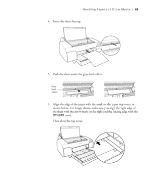 Page 452-45
Handling Paper and Other Media|45
4. Insert the sheet face-up.
5. Push the sheet under the gray feed rollers.
6. Align the edge of the paper with the mark on the paper tray cover, as 
shown below. For longer sheets, make sure you align the right edge of 
the sheet with the arrow mark on the right and the leading edge with the 
OTHERS mark. 
Then close the top cover.
Gray 
feed 
rollers
sp4800Guide.book  Page 45  Tuesday, March 7, 2006  3:49 PM
 