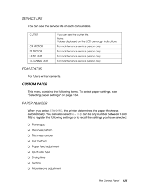 Page 125The Control Panel125
SERVICE LIFE
You can see the service life of each consumable.
EDM STATUS
For future enhancements.
CUSTOM PAPER
This menu contains the following items. To select paper settings, see 
Selecting paper settings on page 134.
PAPER NUMBER
When you select STANDARD, the printer determines the paper thickness 
automatically. You can also select No. X (X can be any number between 1 and 
10) to register the following settings or to recall the settings you have selected.
CUTTER You can see the...