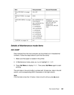 Page 139The Control Panel139
Details of Maintenance mode items
HEX DUMP
Data received from the host computer can be printed out in hexadecimal 
numbers. Follow the steps below to print the hex dump:
1. Make sure that paper is loaded in the printer.
2. In Maintenance mode, press   or   to highlight HEX DUMP.
3. Press Menu to display PRINT. Then press Menu again to start 
printing.
The print data in the print buffer is printed with 16-byte hex. data in the left 
column, and corresponding ASCII characters in the...