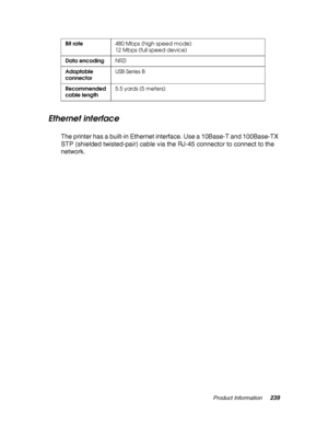 Page 239Product Information239
Ethernet interface
The printer has a built-in Ethernet interface. Use a 10Base-T and 100Base-TX 
STP (shielded twisted-pair) cable via the RJ-45 connector to connect to the 
network.
Bit rate480 Mbps (high speed mode)
12 Mbps (full speed device)
Data encodingNRZI
Adaptable 
connectorUSB Series B
Recommended 
cable length5.5 yards (5 meters)
 