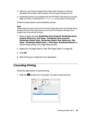 Page 35Printing with Mac OS X35 ❏When you use Premium Glossy Photo Paper (250) roll paper or Premium 
Semigloss Photo Paper (250) roll paper, the top margin is always 20 mm.
❏Borderless printing is not available when the PPR SIZE CHK setting is turned off. 
Make sure that ON is selected for PPR SIZE CHK on the printer’s control panel.
Follow the steps below to print borderless photos.
Note:
Always select the same printer in the Format for drop-down menu (in the Page Setup 
window) and the Printer drop-down menu...