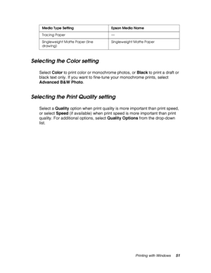 Page 51Printing with Windows51
Selecting the Color setting
Select Color to print color or monochrome photos, or Black to print a draft or 
black text only. If you want to fine-tune your monochrome prints, select 
Advanced B&W Photo.
Selecting the Print Quality setting
Select a Quality option when print quality is more important than print speed, 
or select Speed (if available) when print speed is more important than print 
quality. For additional options, select Quality Options from the drop-down 
list.
Tracing...