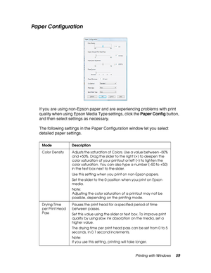 Page 59Printing with Windows59
Paper Configuration
If you are using non-Epson paper and are experiencing problems with print 
quality when using Epson Media Type settings, click the Paper Config button, 
and then select settings as necessary.
The following settings in the Paper Configuration window let you select 
detailed paper settings.
Mode Description
Color  Density Adjusts the saturation of Colors. Use a value between –50% 
and +50%. Drag the slider to the right (+) to deepen the 
color saturation of your...