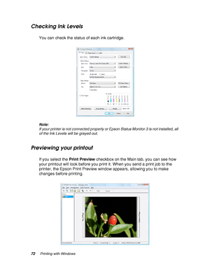 Page 7272Printing with Windows
Checking Ink Levels
You can check the status of each ink cartridge.
Note:
If your printer is not connected properly or Epson Status Monitor 3 is not installed, all 
of the Ink Levels will be grayed out.
Previewing your printout
If you select the Print Preview checkbox on the Main tab, you can see how 
your printout will look before you print it. When you send a print job to the 
printer, the Epson Print Preview window appears, allowing you to make 
changes before printing.
 