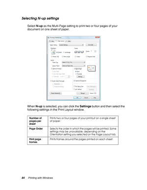 Page 8484Printing with Windows
Selecting N-up settings
Select N-up as the Multi-Page setting to print two or four pages of your 
document on one sheet of paper.
When N-up is selected, you can click the Settings button and then select the 
following settings in the Print Layout window.
Number of 
pages per 
sheetPrints two or four pages of your printout on a single sheet 
of paper.
Page OrderSelects the order in which the pages will be printed. Some 
settings may be unavailable, depending on the 
Orientation...