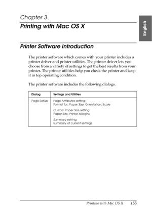 Page 155Printing with Mac OS X155
3
3
3
3
3
3
3
3
3
3
3
3
English
Chapter 3
Printing with Mac OS X
Printer Software Introduction
The printer software which comes with your printer includes a 
printer driver and printer utilities. The printer driver lets you 
choose from a variety of settings to get the best results from your 
printer. The printer utilities help you check the printer and keep 
it in top operating condition.
The printer software includes the following dialogs.
Dialog Settings and Utilities
Page...