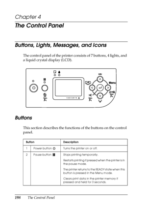 Page 198198The Control Panel
Chapter 4
The Control Panel
Buttons, Lights, Messages, and Icons
The control panel of the printer consists of 7 buttons, 4 lights, and 
a liquid crystal display (LCD). 
Buttons 
This section describes the functions of the buttons on the control 
panel.
Button Description
1 Power button  Turns the printer on or off. 
2 Pause button  Stops printing temporarily.
Restarts printing if pressed when the printer is in 
the pause mode.
The printer returns to the READY state when this 
button...