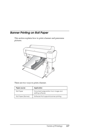 Page 127Variety of Printings127
Banner Printing on Roll Paper
This section explains how to print a banner and panorama 
pictures. 
There are two ways to print a banner.
Paper source Application
Roll Paper Document preparation tool, image and 
editing software 
Roll Paper (Banner) Software that supports banner printing 
 