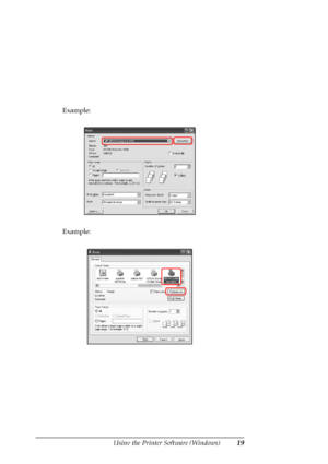 Page 19
Using the Printer Software (Windows)19
Example:
Example:
 