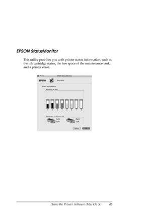 Page 43Using the Printer Software (Mac OS X)43
EPSON StatusMonitor
This utility provides you with printer status information, such as 
the ink cartridge status, the free space of the maintenance tank, 
and a printer error. 
 