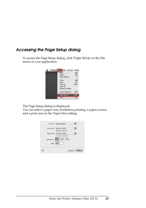 Page 45
Using the Printer Software (Mac OS X)45
Accessing the Page Setup dialog
To access the Page Setup dialog, click Page Setup on the File 
menu of your application.
The Page Setup dialog is displayed. 
You can select a paper size, borderless printing, a paper source, 
and a print area in th e Paper Size setting. 
 