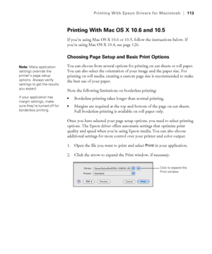 Page 113113
Printing With Epson Drivers for Macintosh|113
Printing With Mac OS X 10.6 and 10.5
If you’re using Mac OS X 10.6 or 10.5, follow the instructions below. If 
you’re using Mac OS X 10.4, see page 126.
Choosing Page Setup and Basic Print Options
You can choose from several options for printing on cut sheets or roll paper. 
You can also select the orientation of your image and the paper size. For 
printing on roll media, creating a custom page size is recommended to make 
the best use of your paper.
Note...