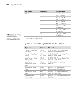 Page 200200
200|Specifications
* Epson Stylus Pro 9700 only
Epson Cut Sheet Paper Information and ICC Profiles
Others — 24 × 30 inches 
(610 × 762 mm)
— 30 × 40 inches* 
(762 × 1016 mm)
— 36 × 44 inches* 
(914 × 1118 mm)
— 11.8 × 15.7 inches 
(30 × 40 cm)
— 15.7 × 23.6 inches 
(40 × 60 cm)
— 23.6 × 35.4 inches 
(60 × 90 cm) 
Paper nameThicknessICC profile*
Premium Photo Paper 
Semi-gloss10 mil
(0.27 mm)Pro9700_7700_PremiumSemigloss
PhotoPaper.icc (Photo Black)
Premium Photo Paper 
Glossy10 mil
(0.27...