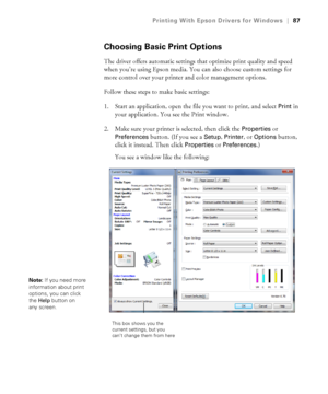 Page 8787
Printing With Epson Drivers for Windows|87
Choosing Basic Print Options
The driver offers automatic settings that optimize print quality and speed 
when you’re using Epson media. You can also choose custom settings for 
more control over your printer and color management options. 
Follow these steps to make basic settings:
1. Start an application, open the file you want to print, and select 
Print in 
your application. You see the Print window.
2. Make sure your printer is selected, then click the...