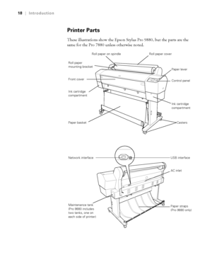 Page 1818
18|Introduction
Printer Parts
These illustrations show the Epson Stylus Pro 9880, but the parts are the 
same for the Pro 7880 unless otherwise noted.
Roll paper on spindle Roll paper cover
Roll paper 
mounting bracket
Paper lever
Control panel
Ink cartridge 
compartment Ink cartridge 
compartment Front cover
Paper basket Casters
Network interface USB interface
AC inlet
Paper straps 
(Pro 9880 only) Maintenance tank 
(Pro 9880 includes 
two tanks, one on 
each side of printer)
 