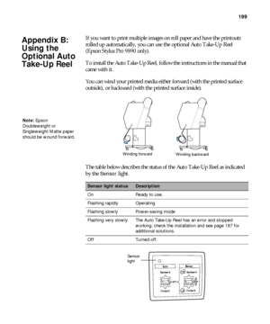 Page 199199
199
If you want to print multiple images on roll paper and have the printouts 
rolled up automatically, you can use the optional Auto Take-Up Reel 
(Epson Stylus Pro 9890 only).
To install the Auto Take-Up Reel, follow the instructions in the manual that 
came with it.
You can wind your printed media either forward (with the printed surface 
outside), or backward (with the printed surface inside).
The table below describes the status of the Auto Take-Up Reel as indicated 
by the 
Sensor light.
Sensor...