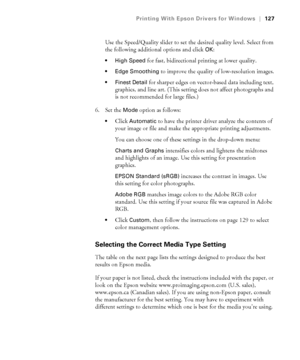 Page 127127
Printing With Epson Drivers for Windows|127
Use the Speed/Quality slider to set the desired quality level. Select from 
the following additional options and click 
OK:
 High Speed for fast, bidirectional printing at lower quality. 
 Edge Smoothing to improve the quality of low-resolution images.
 Finest Detail for sharper edges on vector-based data including text, 
graphics, and line art. (This setting does not affect photographs and 
is not recommended for large files.)
6. Set the 
Mode option as...