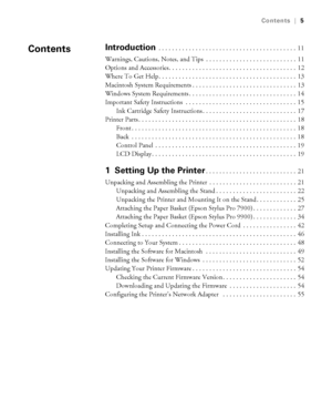 Page 55
Contents|5
Introduction . . . . . . . . . . . . . . . . . . . . . . . . . . . . . . . . . . . . . . . . .  11
Warnings, Cautions, Notes, and Tips  . . . . . . . . . . . . . . . . . . . . . . . . . . .  11
Options and Accessories. . . . . . . . . . . . . . . . . . . . . . . . . . . . . . . . . . . . . .  12
Where To Get Help. . . . . . . . . . . . . . . . . . . . . . . . . . . . . . . . . . . . . . . . .  13
Macintosh System Requirements . . . . . . . . . . . . . . . . . . . . . . . . . . . . . . . 13...