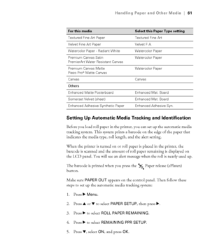 Page 6161
Handling Paper and Other Media|61
Setting Up Automatic Media Tracking and Identification
Before you load roll paper in the printer, you can set up the automatic media 
tracking system. This system prints a barcode on the edge of the paper that 
indicates the media type, roll length, and the alert setting. 
When the printer is turned on or roll paper is placed in the printer, the 
barcode is scanned and the amount of roll paper remaining is displayed on 
the LCD panel. You will see an alert message...