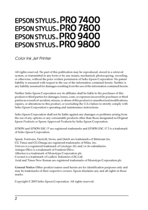 Page 22 Color Ink Jet Printer
All rights reserved. No part of this publication may be reproduced, stored in a retrieval 
system, or transmitted in any form or by any means, mechanical, photocopying, recording, 
or otherwise, without the prior written permission of Seiko Epson Corporation. No patent 
liability is assumed with respect to the use of the information contained herein. Neither is 
any liability assumed for damages resulting from the use of the information contained herein.
Neither Seiko Epson...