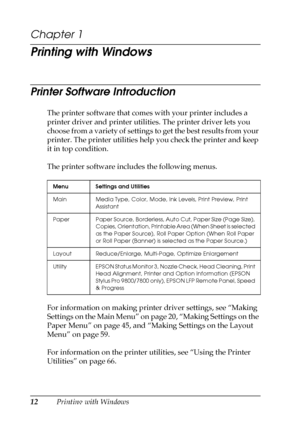 Page 1212Printing with Windows
Chapter 1
Printing with Windows
Printer Software Introduction
The printer software that comes with your printer includes a 
printer driver and printer utilities. The printer driver lets you 
choose from a variety of settings to get the best results from your 
printer. The printer utilities help you check the printer and keep 
it in top condition.
The printer software includes the following menus.
For information on making printer driver settings, see “Making 
Settings on the Main...