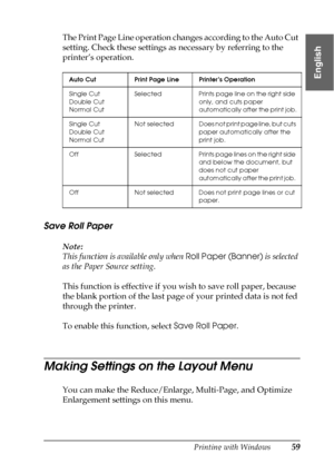 Page 59Printing with Windows59
1
1
1
1
1
1
1
1
1
1
1
1
English
The Print Page Line operation changes according to the Auto Cut 
setting. Check these settings as necessary by referring to the 
printer’s operation.
Save Roll Paper
Note:
This function is available only when Roll Paper (Banner) is selected 
as the Paper Source setting.
This function is effective if you wish to save roll paper, because 
the blank portion of the last page of your printed data is not fed 
through the printer.
To enable this function,...