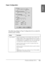 Page 113Printing with Mac OS 9.x113
2
2
2
2
2
2
2
2
2
2
2
2
English
Paper Configuration
The following settings in Paper Configuration let you make the 
detailed paper settings.
Mode Description
Color Density Adjusts the strength of Color Density. Use a value in the 
range of -50% to +50%. Drag the slider with your mouse to 
the right direction (+) to deepen the color of your printout 
or left direction (-) to lighten its color. You can also type 
a number (-50 to +50) in the box next to the slider.
Use this...