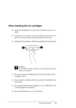 Page 13Safety Instructions13
When handling the ink cartridges
❏Keep ink cartridges out of the reach of children and do not 
drink.
❏If ink gets on your skin, wash it off with soap and water. If it 
gets in your eyes, flush them immediately with water.
❏Shake the ink cartridge well before installing it for best results. 
c
Caution:
Do not shake cartridges (that have been installed previously) 
with too much force.
❏Do not use an ink cartridge beyond the date printed on the 
cartridge carton.
❏Use up the ink...