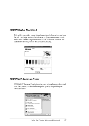 Page 17Using the Printer Software (Windows)17
EPSON Status Monitor 3
This utility provides you with printer status information, such as 
the ink cartridge status, the free space of the maintenance tank, 
and it also checks for printer error. EPSON Status Monitor 3 is 
installed with the printer driver automatically.
EPSON LFP Remote Panel
EPSON LFP Remote Panel gives the user a broad range of control 
over the printer, to obtain better print quality in printing on 
various media.
 