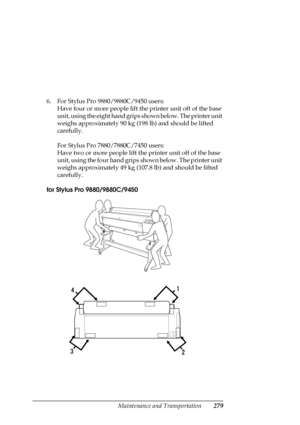 Page 279Maintenance and Transportation279
6. For Stylus Pro 9880/9880C/9450 users:
Have four or more people lift the printer unit off of the base 
unit, using the eight hand grips shown below. The printer unit 
weighs approximately 90 kg (198 lb) and should be lifted 
carefully.
For Stylus Pro 7880/7880C/7450 users:
Have two or more people lift the printer unit off of the base 
unit, using the four hand grips shown below. The printer unit 
weighs approximately 49 kg (107.8 lb) and should be lifted 
carefully....