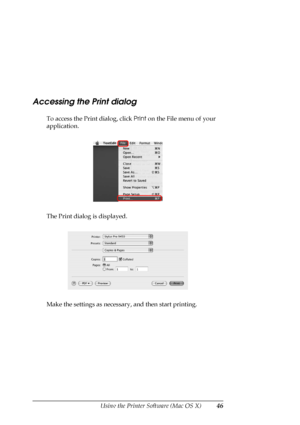 Page 46
Using the Printer Software (Mac OS X)46
Accessing the Print dialog
To access the Print dialog, click  Print on the File menu of your 
application.
The Print dialog is displayed.
Make the settings as necessary , and then start printing. 
 