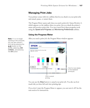 Page 107107
Printing With Epson Drivers for Windows|107
Managing Print Jobs
Your printer comes with two utilities that let you check on your print jobs 
and cancel, pause, or restart them. 
The Progress Meter opens each time you send a print job. Status Monitor 3, 
which appears on the taskbar when you print, lets you check the printer’s 
status and monitor print jobs. You can control how these programs work 
using the 
Speed and Progress and Monitoring Preferences utilities.
Using the Progress Meter
After you...