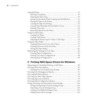 Page 66
6|Contents
Using Roll Paper  . . . . . . . . . . . . . . . . . . . . . . . . . . . . . . . . . . . . . . . . . . .  59
Roll Paper Guidelines  . . . . . . . . . . . . . . . . . . . . . . . . . . . . . . . . . . . .  59
Selecting the Paper Type . . . . . . . . . . . . . . . . . . . . . . . . . . . . . . . . . .  59
Setting Up Automatic Media Tracking and Identification . . . . . . . . .  61
Placing the Paper in the Printer . . . . . . . . . . . . . . . . . . . . . . . . . . . . .  62
Loading the Paper...