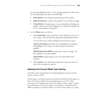 Page 9999
Printing With Epson Drivers for Windows|99
Use the Speed/Quality slider to set the desired quality level. Select from 
the following additional options and click 
OK:
 High Speed for fast, bidirectional printing at lower quality. 
 Edge Smoothing to improve the quality of low-resolution images.
 Finest Detail for sharper edges on vector-based data including text, 
graphics, and line art. (This setting does not affect photographs and 
is not recommended for large files.)
6. Set the 
Mode option as...