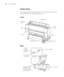 Page 1818
18|Introduction
Printer Parts
These illustrations show the Epson Stylus Pro 9900, but the parts are the 
same for the Pro 7900 unless otherwise noted.
Front
Back
Roll paper cover
Control 
panel
Ink bay Ink bayFront 
cover
Paper basket
Casters
Roll paper 
holder
Network interface
USB interface 
for computer
AC inlet
Maintenance tank 
(Pro 9900 includes 
two tanks, one on 
each side of printer)
Interface 
connector 
for optional 
equipment
 