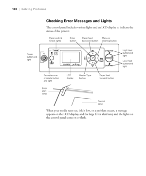 Page 100100
100|Solving Problems
Checking Error Messages and Lights
The control panel includes various lights and an LCD display to indicate the 
status of the printer: 
When your media runs out, ink is low, or a problem occurs, a message 
appears on the LCD display, and the large Error alert lamp and the lights on 
the control panel come on or flash. 
LCD 
display Power 
button and 
light
Pause/resume 
or delete button 
and lightHeater Type 
button Paper and ink 
Check lightsMenu or 
cleaning button
Paper feed...