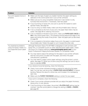 Page 113113
Solving Problems|113
Your print appears blurry or 
smeared.◗Make sure the type of paper you loaded matches the paper setting you 
selected on the control panel and in your printer software. 
◗Make sure you’re using compatible media and it was stored in a dry, 
humidity-free environment. If necessary, load new paper.
◗If you’re printing on Epson film, be sure to use the film basket to catch 
ejected media; see page 59.
◗If you’re using cut sheet media, make sure the printable side is face-up.
◗If ink...