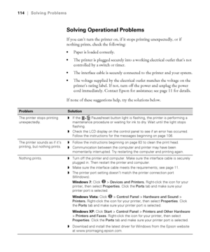 Page 114114
114|Solving Problems
Solving Operational Problems
If you can’t turn the printer on, if it stops printing unexpectedly, or if 
nothing prints, check the following: 
Paper is loaded correctly. 
The printer is plugged securely into a working electrical outlet that’s not 
controlled by a switch or timer.
The interface cable is securely connected to the printer and your system.
The voltage supplied by the electrical outlet matches the voltage on the 
printer’s rating label. If not, turn off the power and...